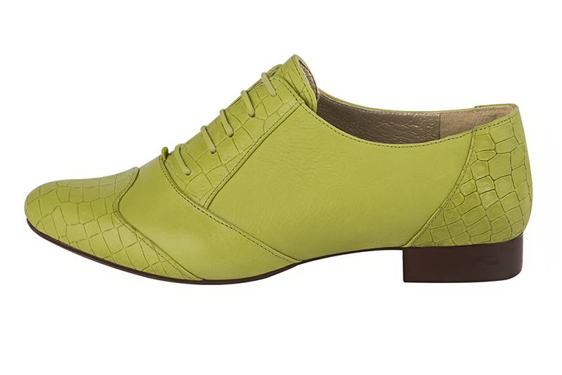 Pistachio green women's fashion lace-up shoes. Round toe. Flat leather soles. Profile view - Florence KOOIJMAN